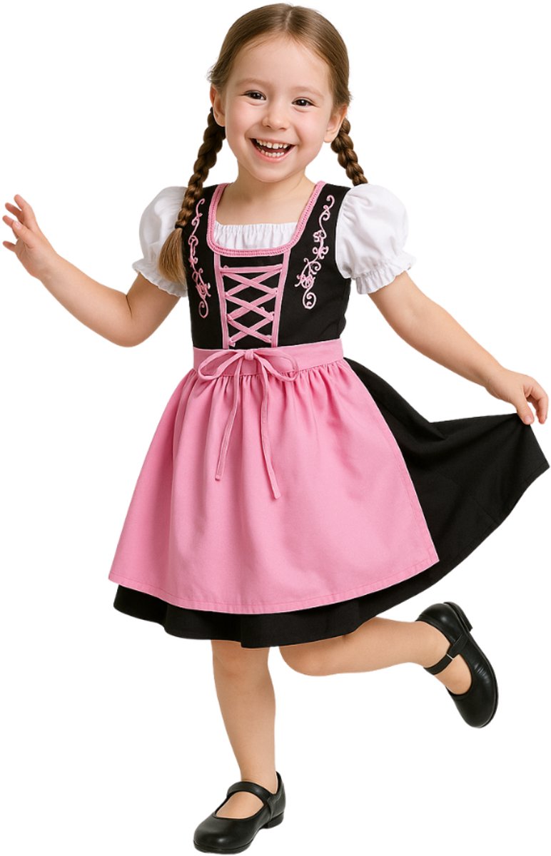 Joya Kids® Dirndl Verkleedjurk Kind | Oktoberfest Jurk Meisje | Roze & Zwart Tiroler Verkleed Jurk | Stretch Verkleedkleding Carnaval Halloween | Maat 140